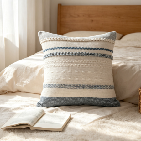 Blue Textured Boho Throw Pillow 18x18 Set of 2, Farmhouse Decorative Cushion for Couch & Bed