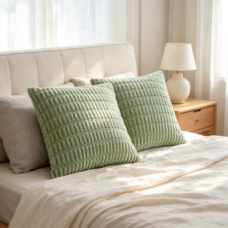 Sage Green Striped Corduroy Throw Pillow 18x18 Set of 2, Rustic Boho Farmhouse Cushion