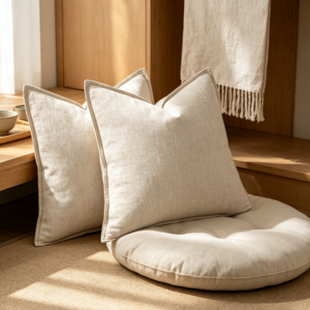 Natural Beige Linen Euro Sham Throw Pillow 24x24 Pack of 2, Boho Farmhouse Cushion for Sofa & Bed