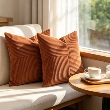 Rust Terracotta Corduroy Patchwork Throw Pillow 18x18 Set of 2, Boho Farmhouse Fall Accent Cushion
