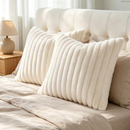 Cream White Faux Fur Plush Throw Pillow 18x18 Set of 2, Soft Fluffy Striped Couch Cushion