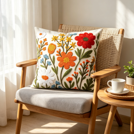 Embroidered Flower Throw Pillow 18x18, Aesthetic Boho Decorative Cushion with Zipper