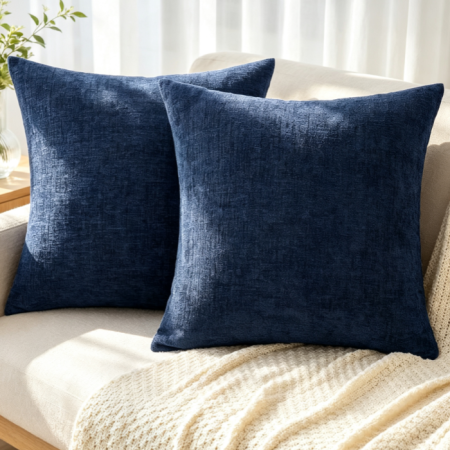 Navy Chenille Throw Pillow 18x18 Pack of 2, Soft Solid Couch Cushion for Spring