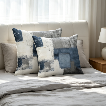 Blue White Gray Abstract Art Throw Pillow 18x18 Set of 2, Modern Decorative Cushion